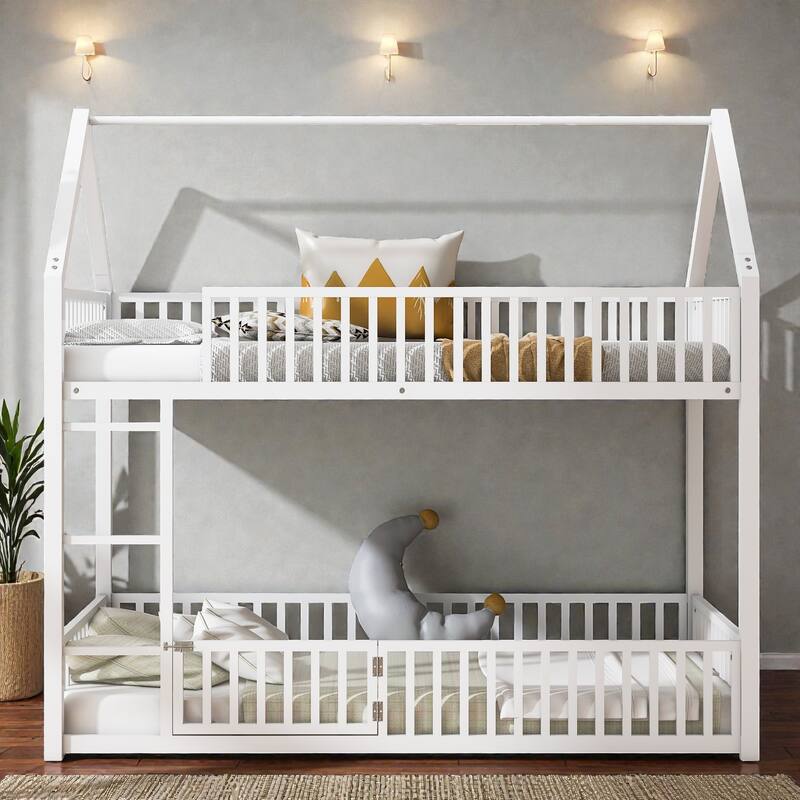 Metal Twin over Twin House Bunk Bed with Fence Guardrails and Door, Kids Playhouse Bunk Bed Frame, No Box Spring Needed