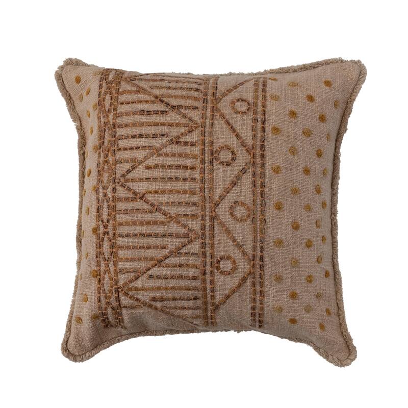 Cotton Slub Throw Pillow Cover with Geometric Embroidery and Fringe - Cover Only - Single - 18.0"L x 18.0"W x 0.3"H - Pillow Covers - Brown