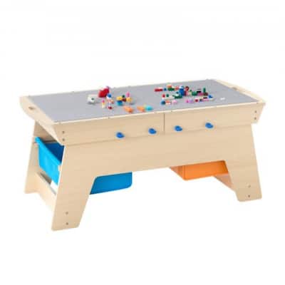 Natural Wooden Kids Table with 3 Storage Bins and Bricks - 35.6 x 19.6 x 15.5 in