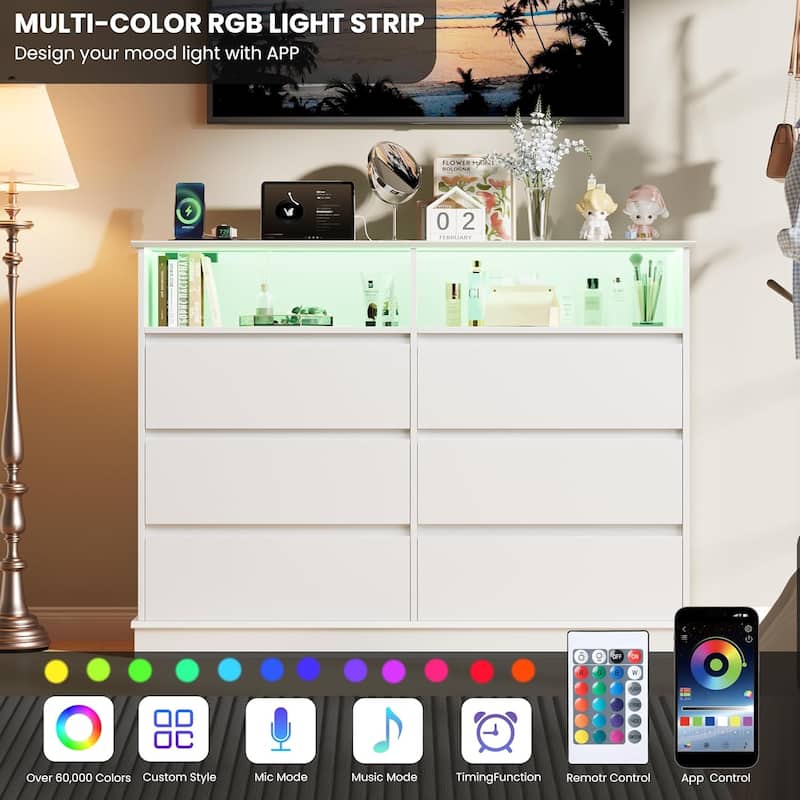 Dresser for Bedroom with 6 Drawers, Modern Chest Featuring LED Lights and Charging Station