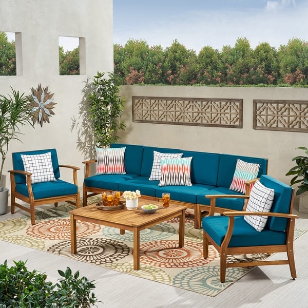 slide 2 of 29, Perla Acacia Wood 7-piece Outdoor Chat Set by Christopher Knight Home
