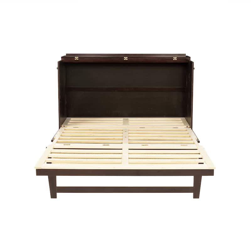 Queen Size Murphy Bed, Pine Wood Cabinet Bed with Rattan Decoration and Storage Drawer