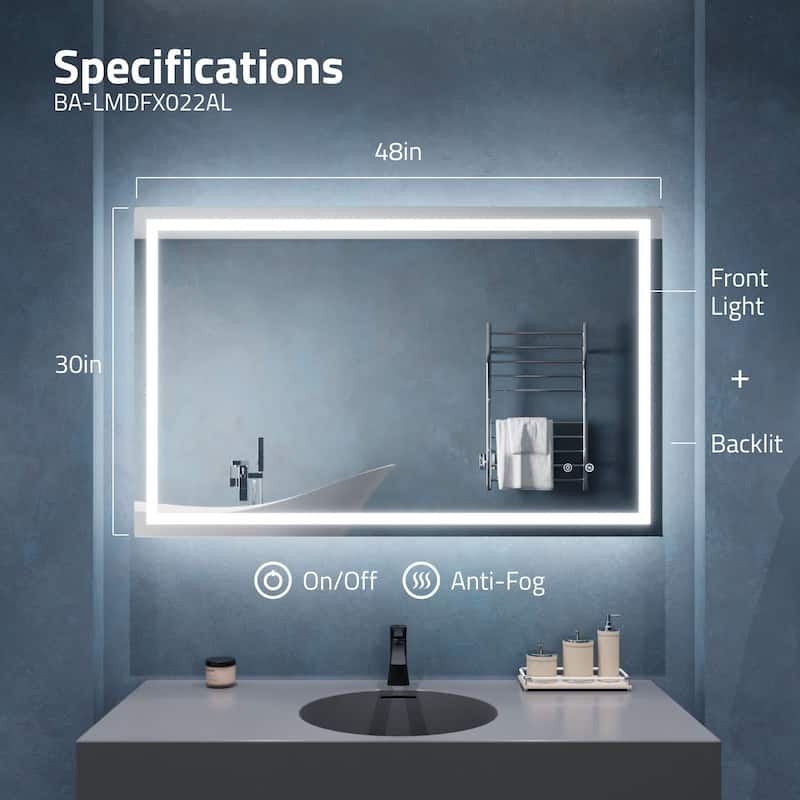 ANZZI 30-in. x 48-in. Frameless LED Front/Back Light Bathroom Mirror w/Defogger