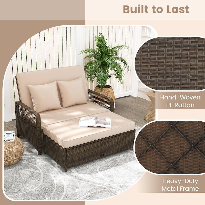 Gymax Patio Rattan Daybed Wicker Loveseat Sofa w/ Multifunctional