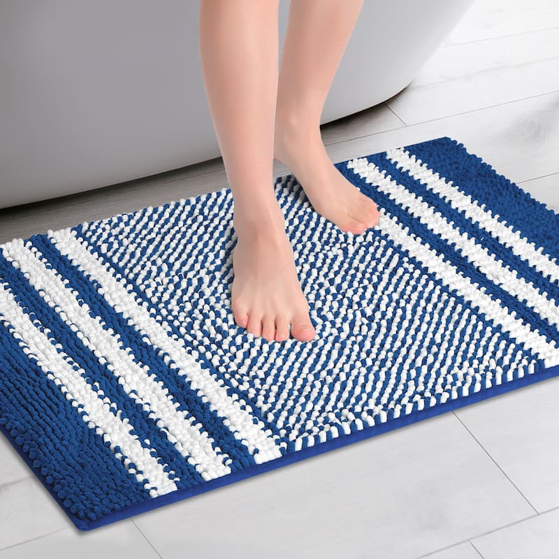 Striped Chenille Bathroom Rug with Edges, Non-Slip Bathroom Floor Mat - Blue - 16" x 24"