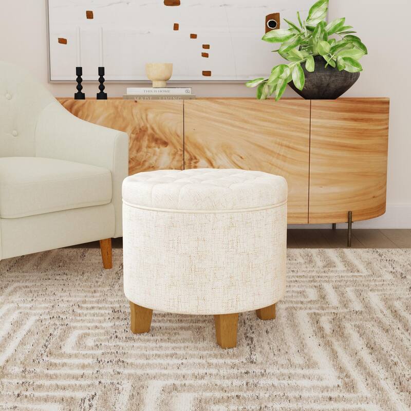 Carson Carrington Hare Button-tufted Round Storage Ottoman - Cream Textured Woven