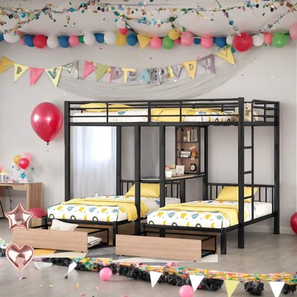 slide 2 of 15, Full Over Twin & Twin Triple Bunk Bed with Drawers,Desks and Shelves