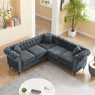 Button Tufted Couch Set L-shape Velvet Sectional Sofa Set with 3 Throw ...