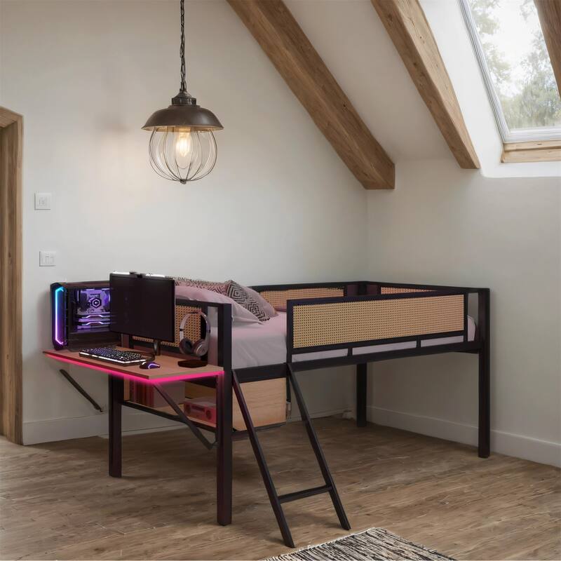 Twin Size Metal LED Loft Bed with Rectangular Desk and Storage Shelves