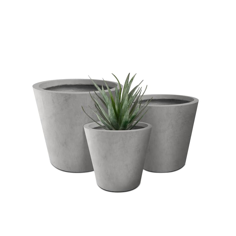 Kante Pure White Round Lightweight Concrete/Fiberglass Planters with Drainage Holes (Set of 3 - Natural Concrete