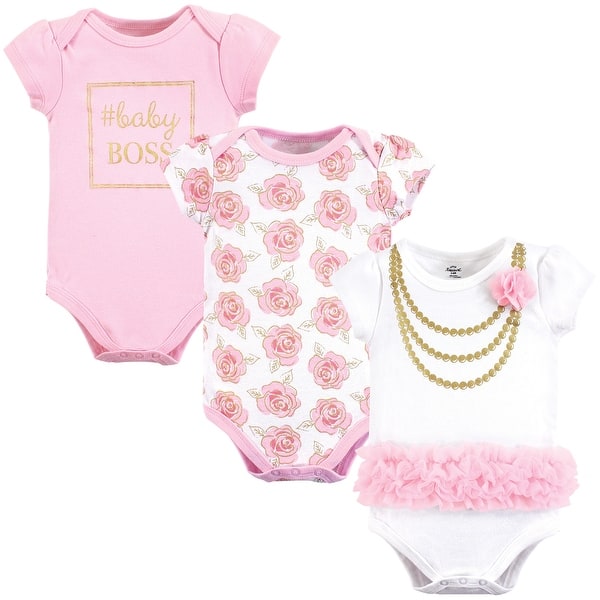 slide 1 of 1, Little Treasure Baby Girl Cotton Bodysuits 3pk, Gold Roses 6-9 Months - Gold Roses