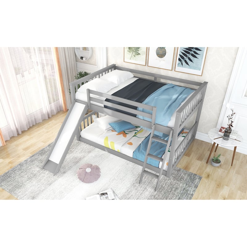 Convertible Full over Full Bunk Bed with Slide and Ladder, Gray
