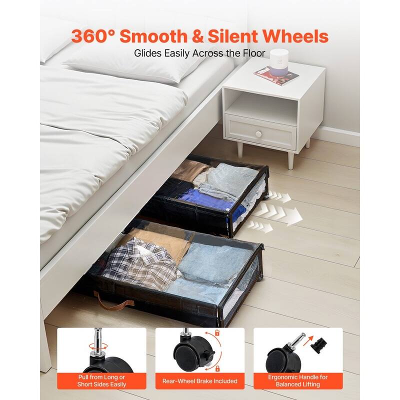 2-Pack Under Bed Shoe Clothing Organizer with Lockable Casters Handles and Clear Top Panel - 35.6 x 15.5 x 5.1 inch
