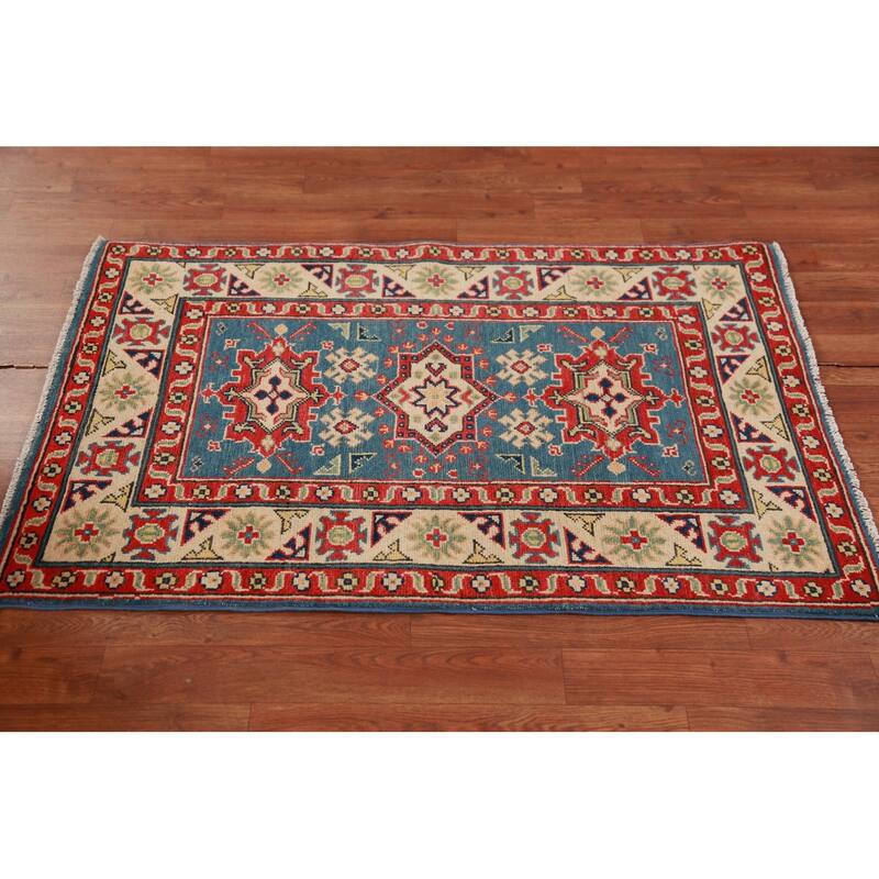 Blue Kazak Foyer Rug Geometric Hand-Knotted Wool Carpet - 2'7"x 4'0"