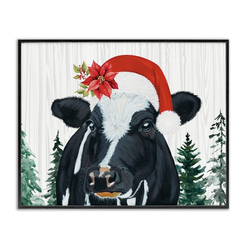 Stupell Christmas Hat Cow Portrait Framed Giclee Art Design By Ashley Justice - 20 x 16 - Black