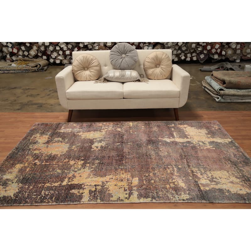 Hand Knotted Oriental Viscose Silk Carpet Modern All-Over Brown Abstract Area Rug - 7' 9'' X 4' 11''