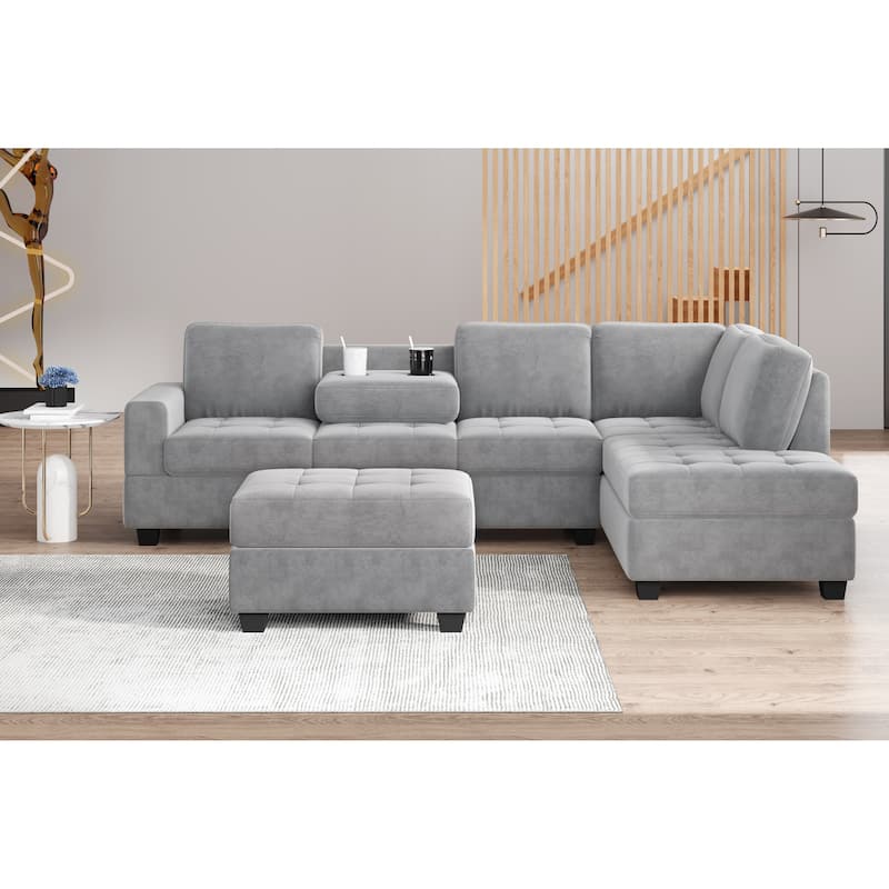 112-inch Modern L-shaped Sectional Sofa with Reversible Chaise, Storage Ottoman and Two Cup Holders - 112"W x 80"D x 33.7"H