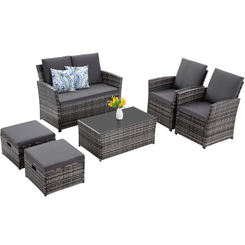 6pcs Wicker Patio Conversation Set Seating Loveseat Sofa with Ottomans