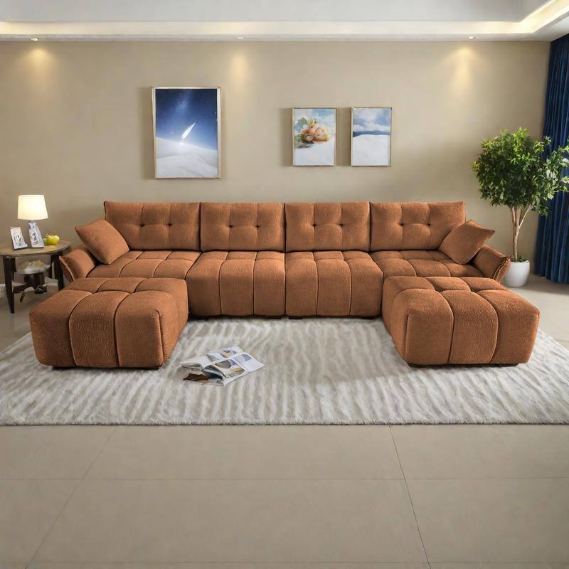 141.7" Chenille 4-Seater Sofa Set with 2 Ottomans, Solid Wood Frame and High-Resilience Cushions - Orange