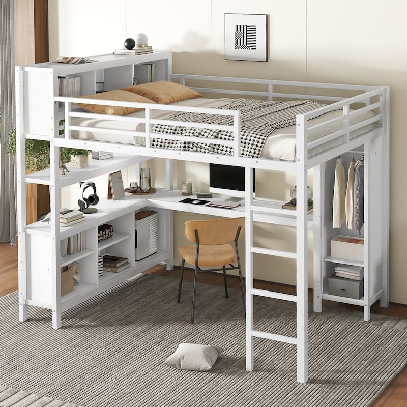 Heavy Duty Metal Loft Bed with Wardrobe and L Shaped Desk, Full/Queen Size High Loftbed Frame with Storage Cubes and Shelves
