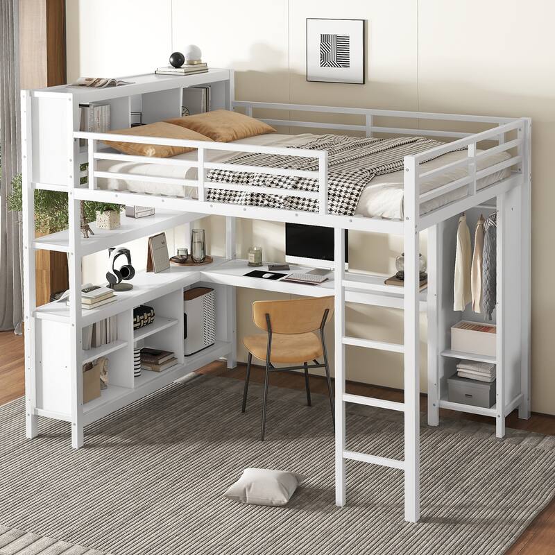 Queen Size Metal Loft Bed with Wardrobe, L-shaped Desk, and Storage Shelves for Kids, Teens, and Adults