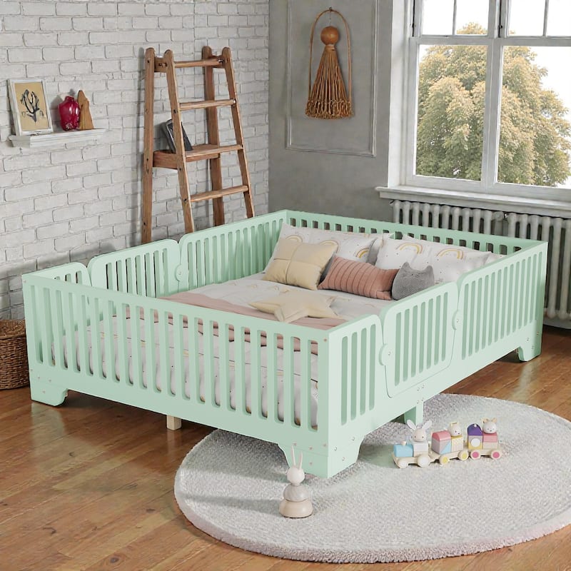 Montessori Floor Bed with Fence and Door, Kids Floor Bed Frame with Slats, No Box Spring Needed - Green - Full