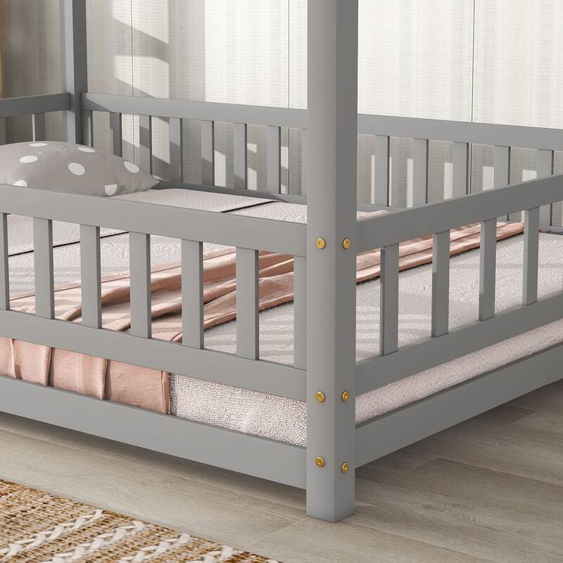 Full Size Wooden Floor Bed with House Roof Frame, Fence Guardrails for Kids, Bedroom