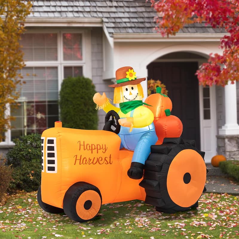 Glitzhome 7ft Fall Lighted Inflatable Tractor Scarecrow Decor