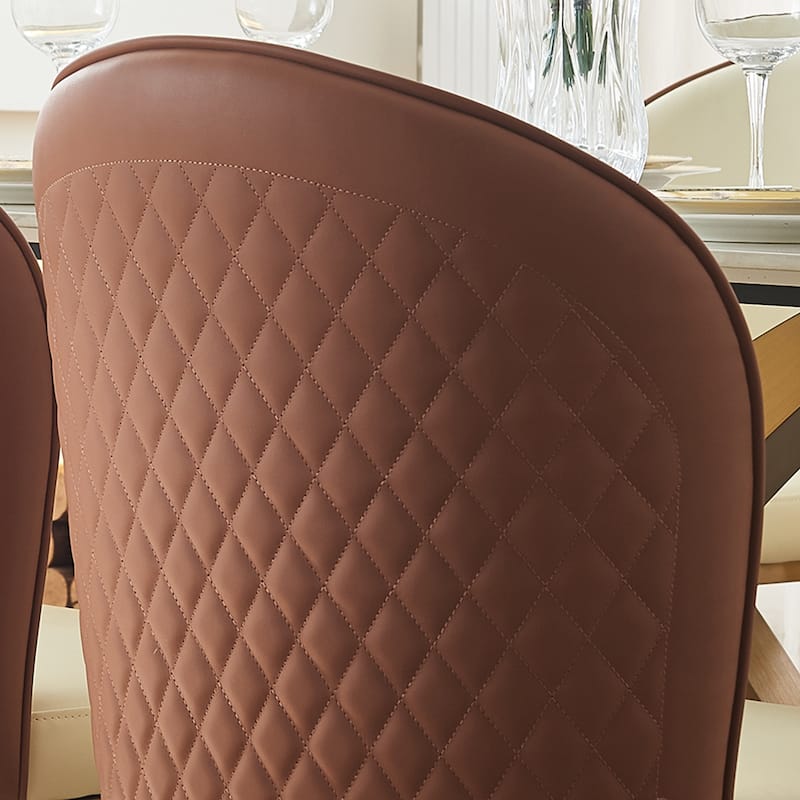 Modern Upholstered Dining Chair Set of 2 - Light Yellow Faux Leather Seat with Brown Back & Gold Metal Legs