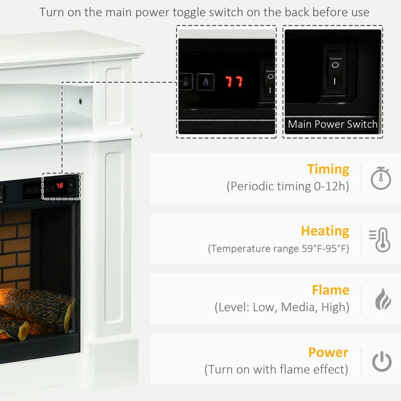 32" Electric Fireplace with Mantel, Freestanding Heater with LED Log Flame, Shelf and Remote Control, 700W/1400W