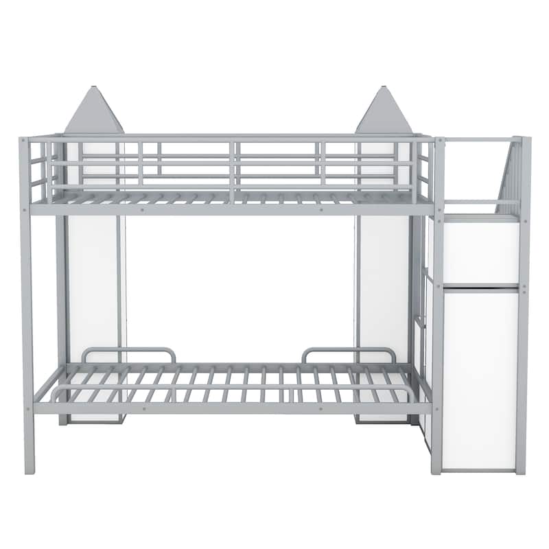 Twin Over Twin Size Bunk Bed w/Storage Shelves,Wardrobe,Metal Bedframe