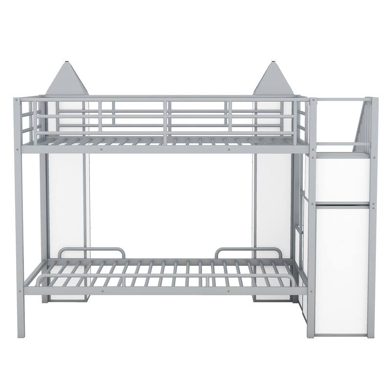 White+Gray Twin Size Metal Castle-shaped Bunk Bed with Wardrobe, Storage Staircase, and Open Cabinets