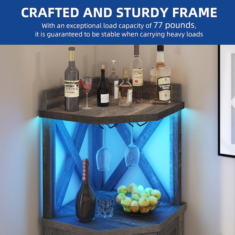 72" Tall Farmhouse Corner Bar Cabinet with Glass Door & LED Lights