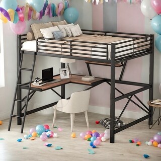 Full Size Modern Style Loft Metal&MDF Bed with Built-in Desk and Shelf,No Box Spring Needed,Space-saving