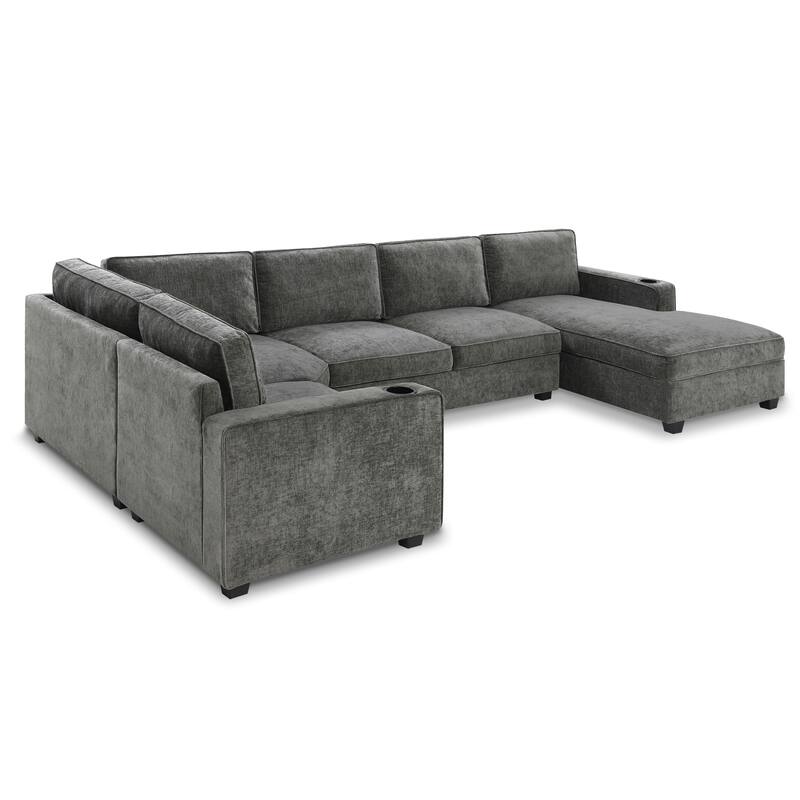119*67" U Shaped 6 Seat Chenille Sectional Sofa with Chaise and Cup Holders, Gray