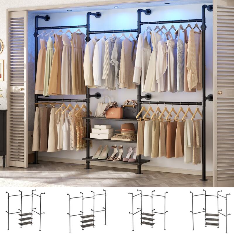 Industrial Pipe Garment Rack with Expandable Hanging Rods and Shelves,Reversible Walk-in Closet Organizer System Clothing Rack
