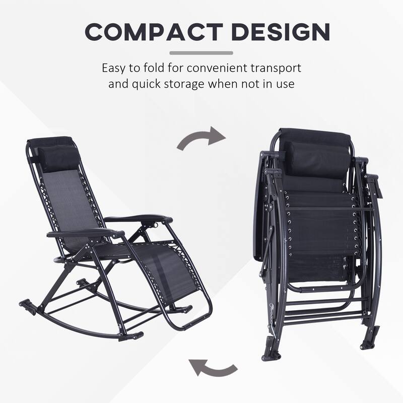 Outdoor Breathable Reclining Rocking Chair, Folding Chaise Lounge Chair with Cup Holder Tray & Footrest