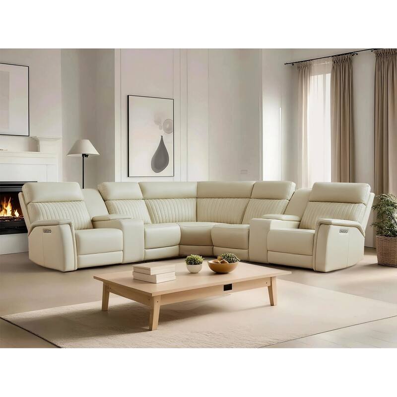 Genuine Leather Power Recliner Sectional Sofa with Ajustable Headrest, Power Lumbar, USB&USB-C Port - Cream (2 stat. armlesschairs)