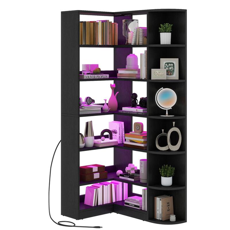 Moasis 70" Tall 6-Tier LED Corner Bookshelf L-Shaped Bookcase with Shelves for Living Room - Black