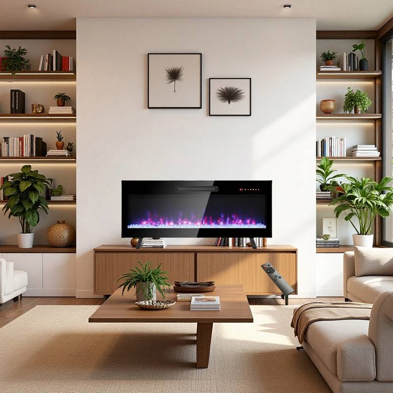 36 in. Wall Mounted Recess Ultra Thin Electric Fireplace with Tempered Glass Front in Black,Remote,1400W/5000BTU