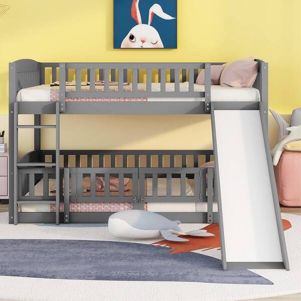 slide 2 of 30, Bunk Bed with Slide & Fence - Twin Over Twin Design