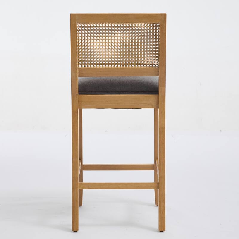Full Solid Wood Rattan-Back Bar Stool, Matte Linen Cushion with High-Resilience Foam & S-Springs,Set of 2