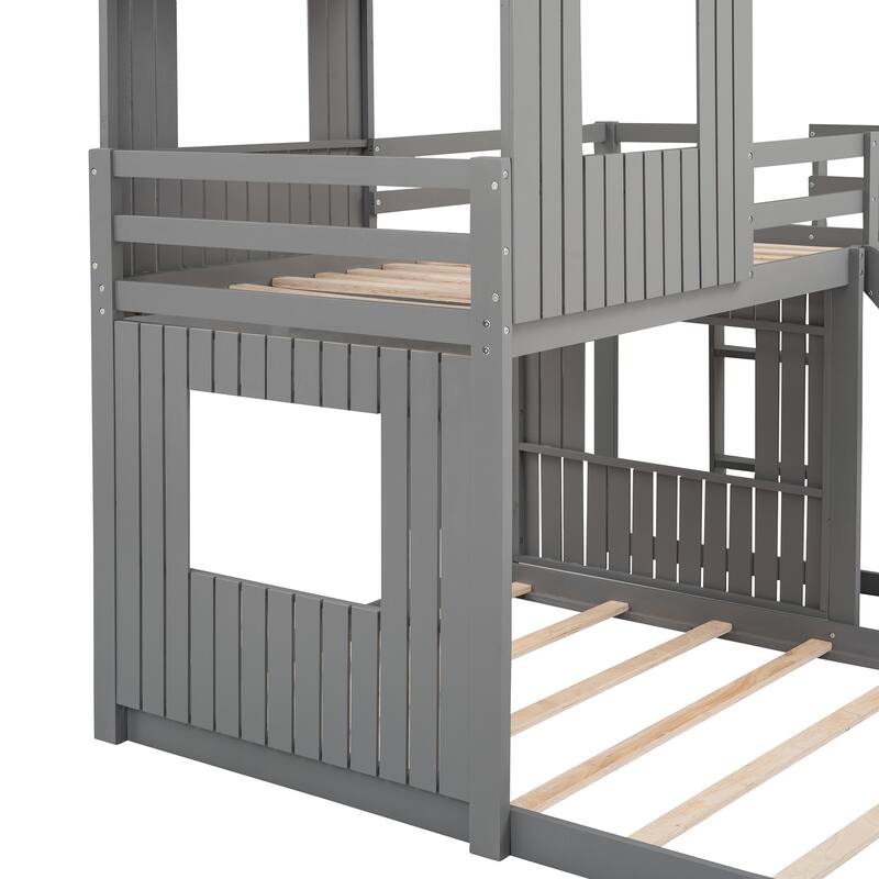 Twin Over Twin Loft Bunk Bed Playhouse Bedframe with Slide and Roof