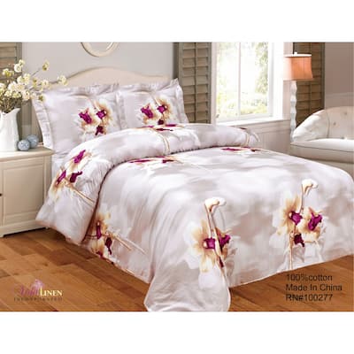 Violet Linen French Lilies Pattern, Luxury 220 Thread Count Cotton Percale, Peach, 8 Piece, Bedding Duvet Cover Set