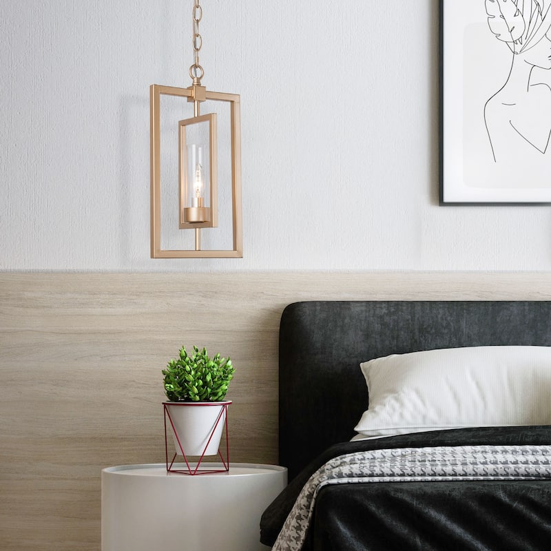 Mid-century Modern Gold Lantern Pendant Farmhouse Dimmable LED Rotatable Kitchen Island Light with Cylinder Glass