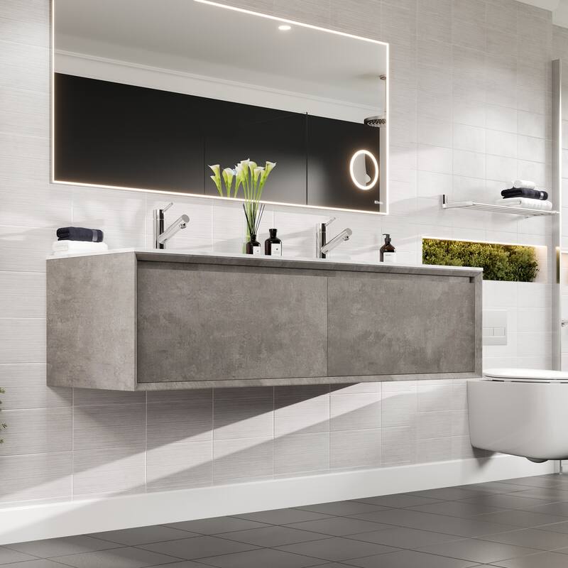 Aurora 36 in. Concrete Gray Wall Mount Single Sink Bath Vanity with Carrara Quartz Top and Undermount Porcelain Sink