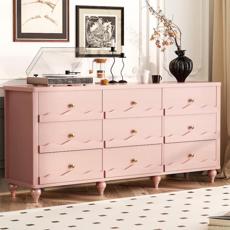 Modern 9-Drawer Dresser Closet Organizer, 63-In Chest of Drawers TV Stand - Pink