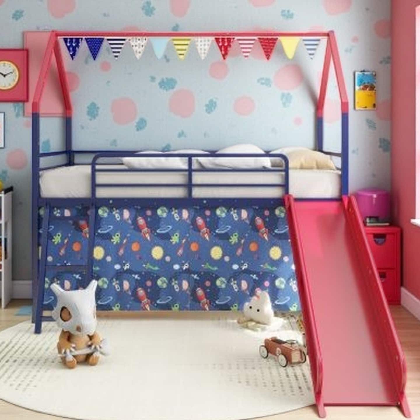 Twin Metal Loft Bed with Slide and Playhouse Design, Safety Guardrails, Decorative Curtains, Banner Flags & Glow Star Stickers
