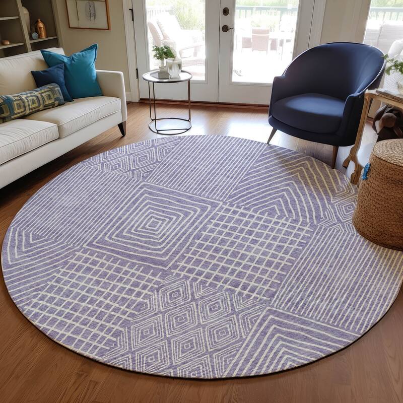 Machine Washable Indoor/ Outdoor Geo Patchwork Chantille Rug - Lavender - 8' x 8'