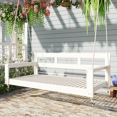 Farmhouse Style Twin Size Porch Swing Frame with Backrest, Outdoor Patio Swing Bench Chair with Hanging Ropes